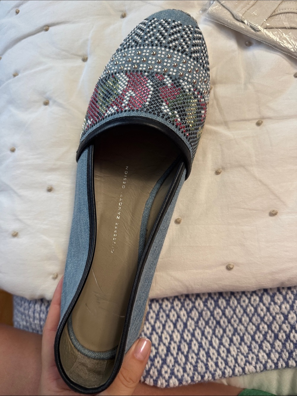 Giuseppe Zanotti Denim Blue Rhinestone Embellished Slip-On espadrille